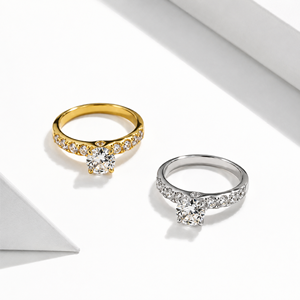 Round Solitaire Pavé <b>Ring</b> Stainless Steel <b>Cubic</b> <b>Zirconia</b> 14K Gold Vacuum Plated Gold and <b>Silver</b> Color Jewelry - Product Image 1