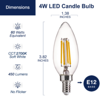 Produit phare en stock : Ampoule LED bougie E12 4W 450LM, verre transparent, blanc doux 2700K, dimmable, homologuée, pour lustre décoratif