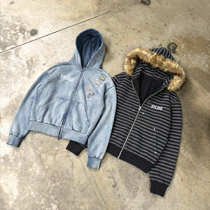 High Quality Drop Shoulder Fur Stripe Designer Hoodies Manufacturer Custom Oversized Heavyweight Faux Fur Hoodie <b>Zip</b> <b>Up</b> <b>Jackets</b> - Product Image 1