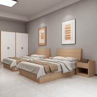Minimalist Light Wood Twin Hotel Full Furniture Set Flat Headboard Storage Bed Wardrobe Work Desk Complete Guest Room Kit