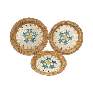 Handwoven <b>Round</b> Rattan Serving <b>Trays</b> with Mosaic Floral Centerpiece for Rustic Home Decor or <b>Table</b> Display - Product Image 1