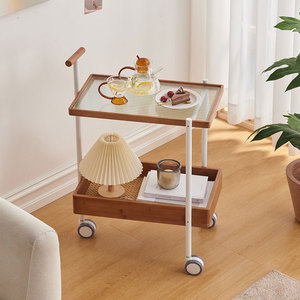 Zhui Zhu <b>Side</b> <b>Table</b> Trolley Glass Top Solid Wood Movable Coffee <b>Table</b> <b>Storage</b> Rack For Living Room Balcony - Product Image 3
