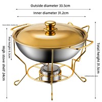 Grand réchaud de buffet professionnel en acier inoxydable plaqué or, avec couvercle en verre, sans revêtement, chauffé à l'alcool, pour la restauration