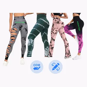 Vente en gros de leggings de yoga noués teintés, taille haute, pantalons de gym et de course à pied pour femmes