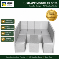 Canapé modulaire d'extérieur en forme de U en rotin PE, canapé d'angle de jardin avec table basse en verre