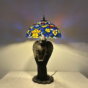 LongHuiJing European Birds Antique Stained Glass Table Lamp Simple Eco-Friendly AC 16 Inch Wide LED Desk Lamp - Product Image 1