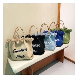 Designer Embroidery Large Size Fringed Tote Bag Women Straw Summer Beach Luxury Bag