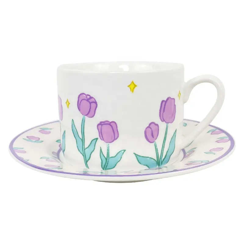 Best Sell 250ml Korean Vintage Cute Purple Tulip Coffee And Tea Cup And Saucer