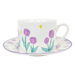 Best Sell 250ml Korean Vintage Cute Purple Tulip Coffee And Tea Cup And Saucer