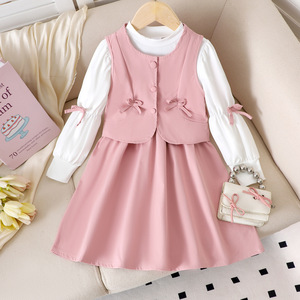 Nouvelle arrivée automne : Chemise blanche à manches longues style délicat pour petites filles, accompagnée d'un <span class=keywords><strong>gilet</strong></span> rose - Product Image 2