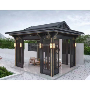 Pavillon moderne <span class=keywords><strong>4x6</strong></span> <span class=keywords><strong>en</strong></span> aluminium imitation <span class=keywords><strong>bois</strong></span>, abri de jardin résistant aux intempéries, pergola élégante - Product Image 1