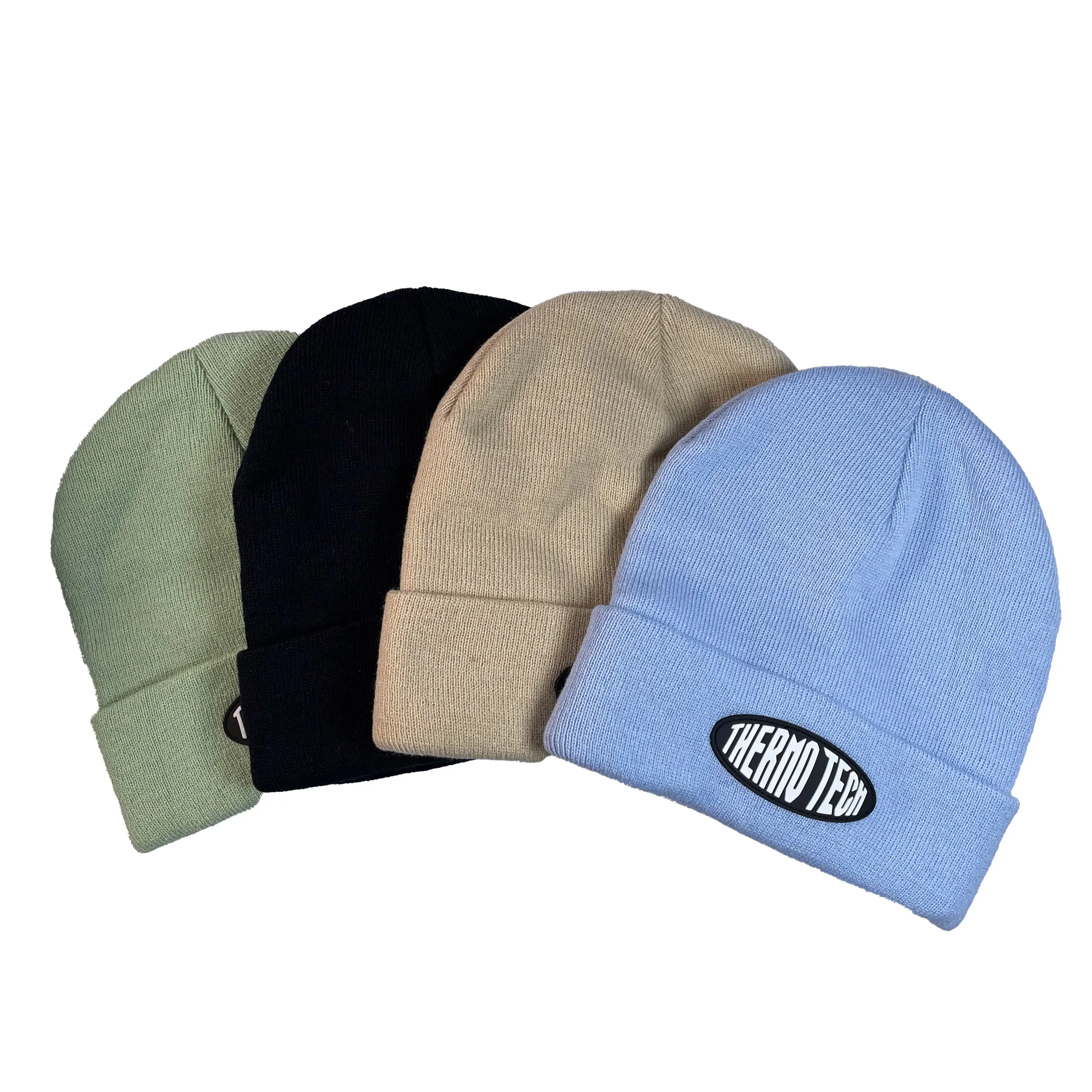 100% Acrylic High Quality Custom Color Knitted Cuffed Beanie Unisex Winter Hats Cap Custom Leather Patch