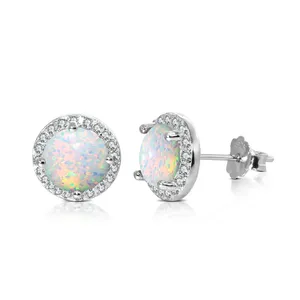 Round Shape White Opal Diamond Stud Earrings 925 Sterling Silver Blue Natural Gemstone Pave Earring Rhodium Plated Fine Jewelry