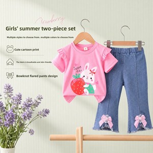 Nouvel ensemble deux pièces pour filles, style coréen décontracté d'été, haut à manches courtes en coton avec motif de dessin animé mignon + jean en denim à nœud papillon - Product Image 1