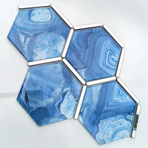 Mozaiek-mosaico hexagonal de cristal para pared, espejo de ducha personalizado, color azul y plateado