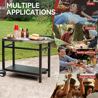 Chariot à manger pour l'extérieur Table de préparation des aliments mobile en acier inoxydable Chariot à barbecue à double étagère Poignée latérale à 2 roues roulantes