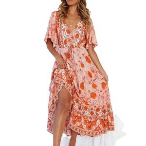 Abito lungo a strati Casual da donna a maniche corte con volant e stampa floreale Boho - Product Image 4