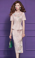 Ensemble formel pour femmes FMY70799, été, boutonné, coupe ajustée, floral, broderie chinoise, ensemble deux pièces