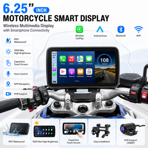 Navigateur GPS pour moto avec écran tactile étanche IP67 de 6,25 pouces, connectivité sans fil Android Auto et CarPlay pour smartphone - Product Image 1