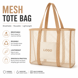 Sac fourre-tout en maille naturelle avec logo personnalisé, respirant, séchage rapide, facile à nettoyer, spacieux, pratique, multi-usages, plage, gym, courses - Product Image 2