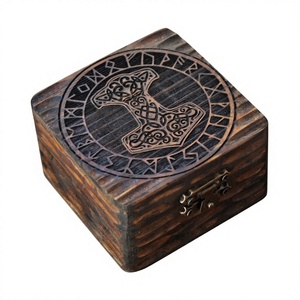 Caja de madera tallada con el martillo de Thor |   Caja de Recuerdos con Diseño de Círculo Rúnico Mjolnir, con Cierre Metálico, Ecológica y Pulida, para Joyería al por Mayor - Product Image 4