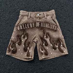 Bên Túi Mặt Trời phai màu nâu Tùy chỉnh cao eo cổ điển đau khổ Rhinestone mùa hè đầu gối dài jeans denim quần short baggy jorts - Product Image 1