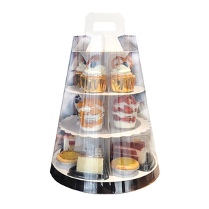 JM Afternoon Tea Birthday Party Clear Window Corrugated Board 1 2 3 Tier Tall Cardboard Party Cake Tower Stand Box With Handle