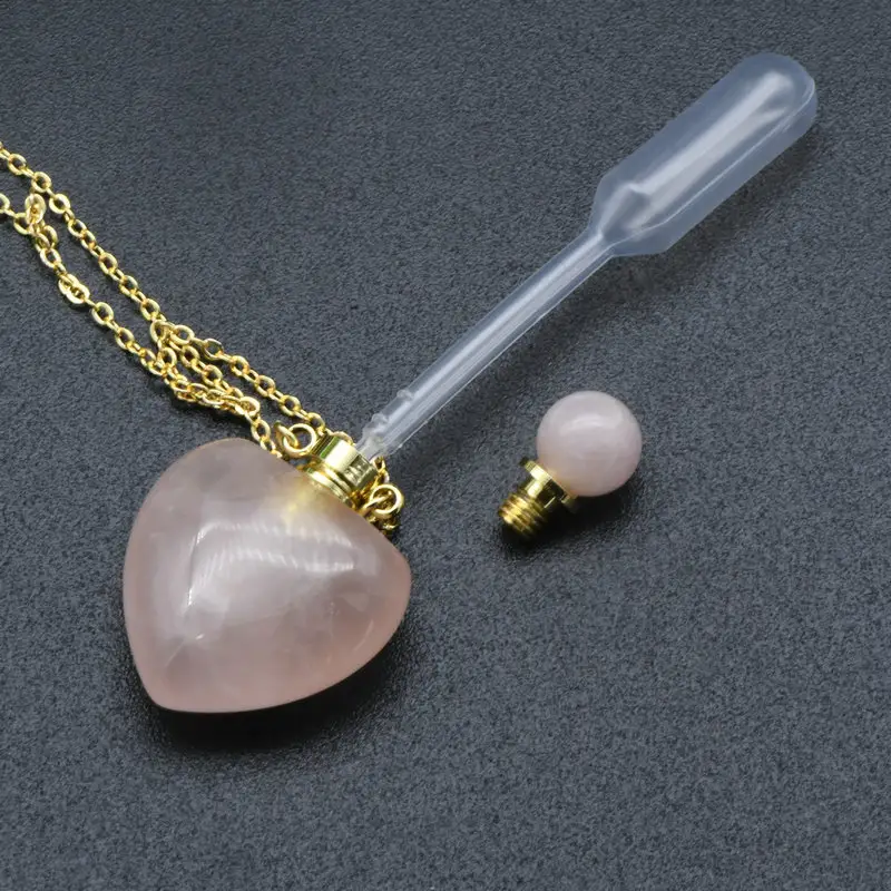New Design Natural Rose Quartz Heart Shape Perfume Essential Oil Bottles Stone Pendant Necklace For Women