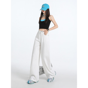 กางเกงยีนส์สีขาวสำหรับผู้หญิง Tencel Lyocell กางเกงเอวสูงขากว้างทรงหลวมสไตล์บาง - Product Image 6