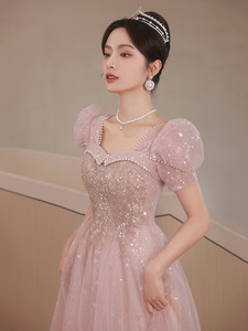 S0931R Nouvelle collection été 2025 Robe de soirée rose princesse à manches bouffantes, style féerique et élégant, pour réunions annuelles et événements artistiques - Product Image 4