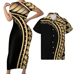 Costume de couple à rayures dorées personnalisé motif polynésien pour femmes pour robe de club longue avec manches courtes Match hommes chemises