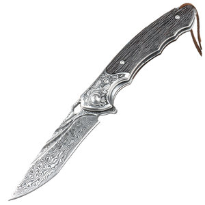 Cuchillo Plegable de Supervivencia y Caza, Versátil para Exteriores, con Mango de Ébano y Hoja de Acero de Damasco, DIY OEM - Product Image 1