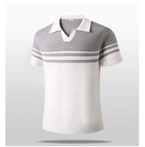 Men's Striped Color Block Knit Polo <strong>Shirt</strong> Short Sleeve V-Neck Breathable Pointelle Casual Summer Top - Product Image 2