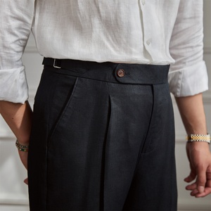 <span class=keywords><strong>Pantaloni</strong></span> Casual da uomo <span class=keywords><strong>estivi</strong></span> alla moda 100% <span class=keywords><strong>lino</strong></span> italiano napoli a vita alta medi piatti anteriori leggeri e traspiranti - Product Image 5