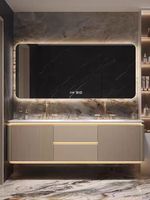 Meuble-lavabo de salle de bain moderne en bois blanc avec éclairage intelligent anti-buée, double vasque et miroir