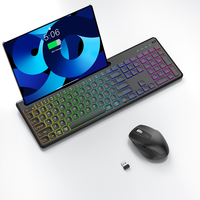 JOMAA RGB Backlit Wireless Keyboard Mouse Combo with Holder Stand Full Size Ergonomic Keyboard Mouse Set for PC Laptop