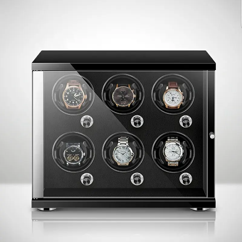 Luminária led luxuosa de madeira 6 espaços automática relógio de luxo enrolador caixa tampa abertura e parada automática