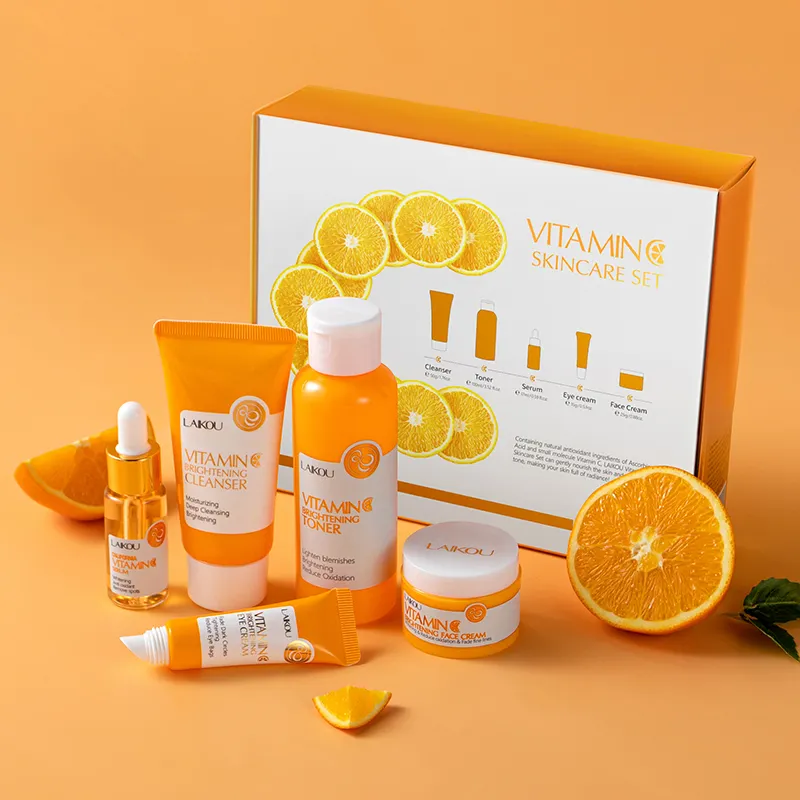 Ensemble de soins de la peau anti-âge éclaircissant bio éclaircissant visage élimination des taches soins de la peau 5 pièces vitamine C ensemble de soins de la peau