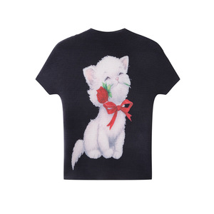 <span class=keywords><strong>Camiseta</strong></span> de manga corta con textura negra y diseño de gatito blanco con <span class=keywords><strong>volantes</strong></span> estilo Miyake para mujer, top de verano con estampado de grano de maíz - Product Image 1