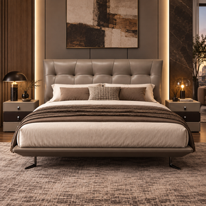 Letto imbottito in ecopelle marrone fumo con testiera capitonné a ali e telaio a profilo basso per hotel, appartamenti e camere da letto - Product Image 3