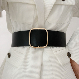 宽黑色宽方扣腰带无孔PU皮带女式装饰外套连衣裙腰带 - Product Image 5