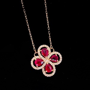 Xinfly Solid 18K Gold Natural <b>Ruby</b> Diamond Clover <b>Necklace</b> AU750 Rose Gold Pear Cut Flower Fine Jewelry for Women - Product Image 4