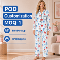 Pyjama personnalisé de Noël en polyester pour femme, motif bonhomme de neige aquarelle blanc, col cranté, logo tricoté sur le devant, POD, MOQ 1 pièce, Dropshipping