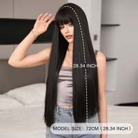 Perruque noire naturelle de 28 pouces avec frange, perruque longue et droite pour femmes, perruques synthétiques noires et brunes d'apparence naturelle pour un usage quotidien