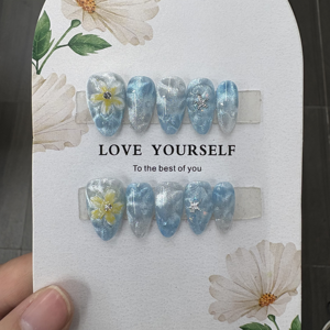 <span class=keywords><strong>Faux</strong></span> ongles en amande faits à la main, <span class=keywords><strong>bleu</strong></span> <span class=keywords><strong>ciel</strong></span>, effet œil de chat, avec flocons de neige 3D et strass, pour les vacances d'été - Product Image 1