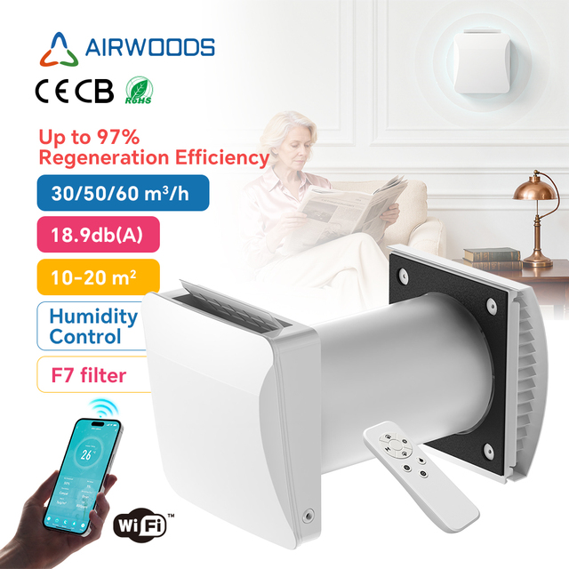 Wall Mounted Airwoods AV-TTW6E Recuperator Energy Recovery Ventilation Humidity Option Villa Use HRV Unit Commercial HVAC System