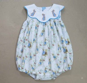 Hand Embroidery and Knot Dress Easter Bunny Print Scalloped Collar Sleeveless Toddler Girls Party Dress Custom Size - Product Image 2