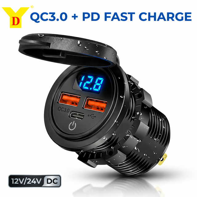 QC3.0 PD 66W USB Car Charger Socket 12V 24V Dual USB-A USB-C Fast Charge Waterproof LED Voltmeter Boat Marine Motorcycle RV