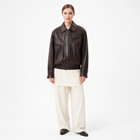 Blouson Aviateur Court en Véritable Peau de Mouton Marron Antique, Coupe Décontractée, Fermeture Éclair, Coupe-Vent, Hiver, Effet Patiné, Style Utilitaire
