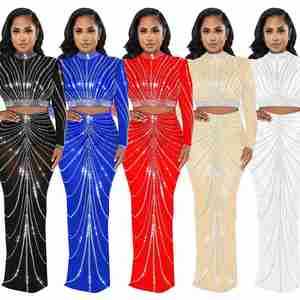 Ensemble deux pièces brodé pour femme, en gaze transparente, à manches longues et jupe longue, idéal pour les soirées et la mode tendance - Product Image 1